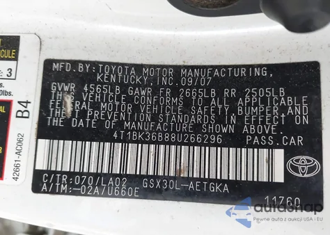 2008 Toyota Avalon Xls from USA, damaged, VIN 4T1BK36B88U266296
